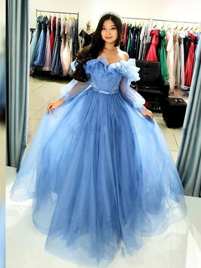 Dusty Blue Tulle Pleated Simple Prom Dress With Cap Sleeves - $120.9816  #AM79101 - SheProm.com